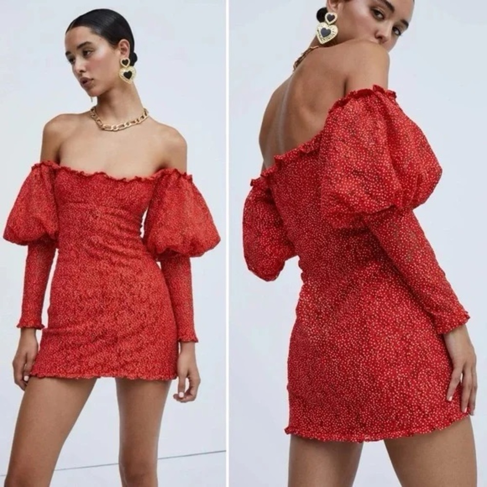 For Love & Lemons Clarisse Floral Lace Mini Dress Red Puff Sleeve Romantic Dress